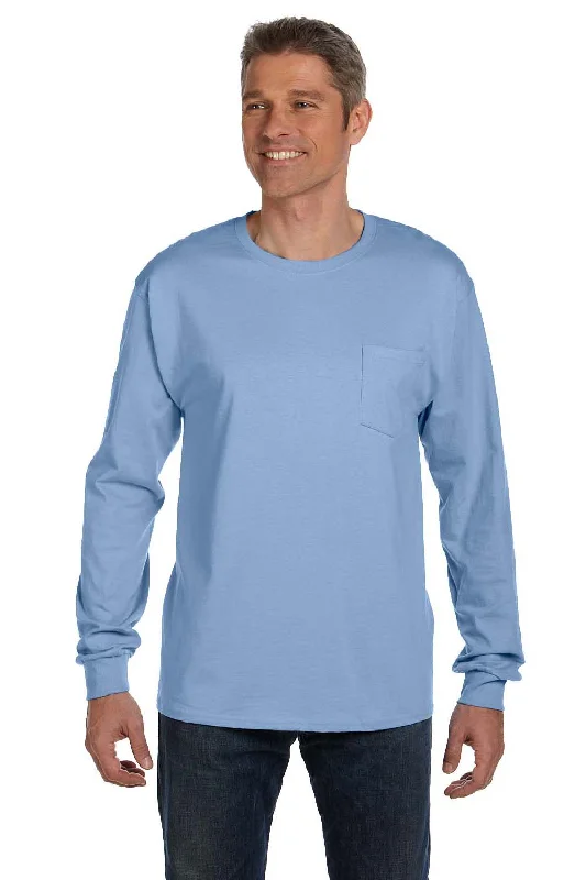 Street Gear Hanes Mens ComfortSoft Long Sleeve Crewneck T-Shirt w/ Pocket - Light Blue - Closeout