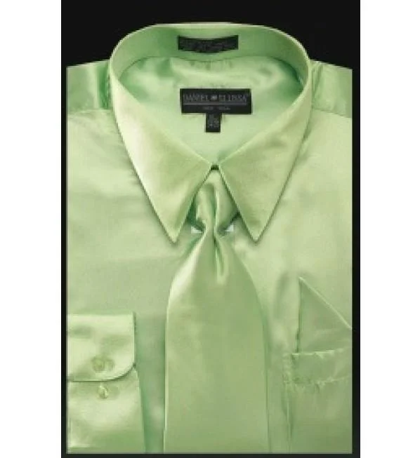 Lightweight T-shirts Satin Dress Shirt Convertible Cuff Regular Fit In Apple Green With Tie and Pocket Square