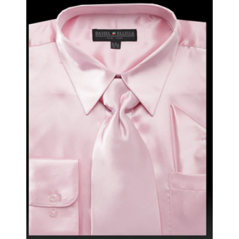 Smart Tops Satin Dress Shirt Convertible Cuff Regular Fit in Pink With Tie And Pocket Square