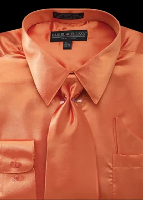 Everyday Jackets Satin Dress Shirt Convertible Cuff Regular Fit in Orange With Tie And Pocket Square