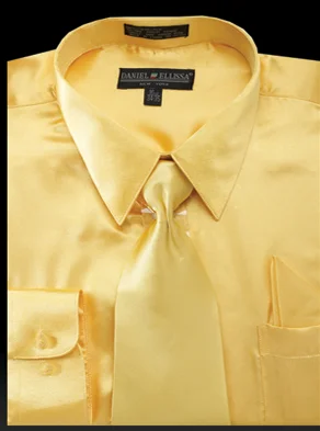 Soft Materials Satin Dress Shirt Convertible Cuff Regular Fit in Gold With Tie And Pocket Square