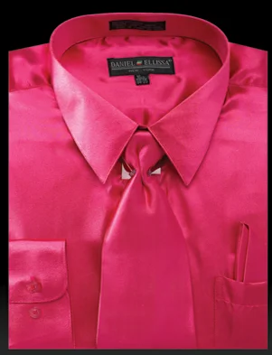 Sporty Essentials Satin Dress Shirt Convertible Cuff Regular Fit in Fuchsia With Tie And Pocket Square