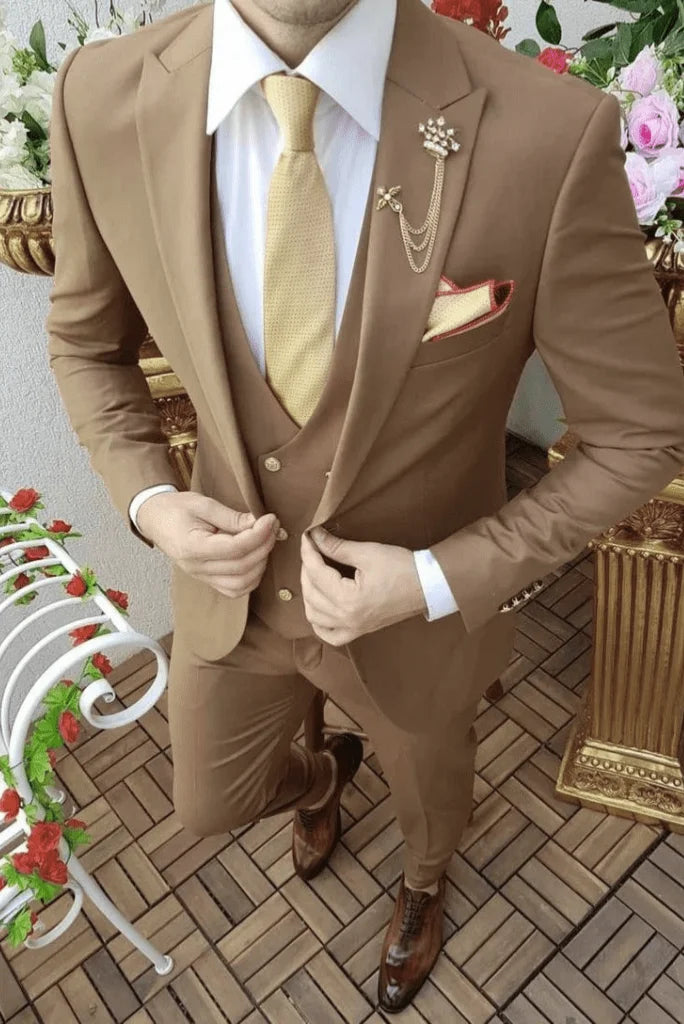 Laid-Back Wear Men's Premium Carmel Brown Designer 3 Piece Slim Fit Suit Wedding Party Suit for Men