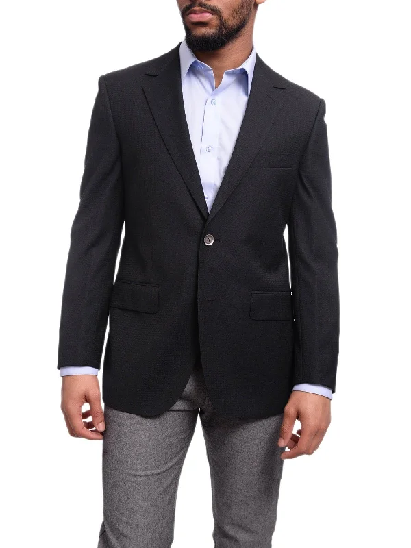 Everyday Comfort Napoli Classic Fit Navy Blue Tonal Houndstooth Half Canvassed Wool Silk Blazer