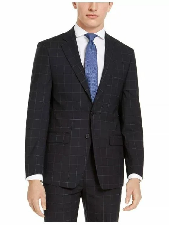 Sport Chic Men's Calvin Klein Navy Blue Windowpane Slim Fit Wool Blazer Sportcoat