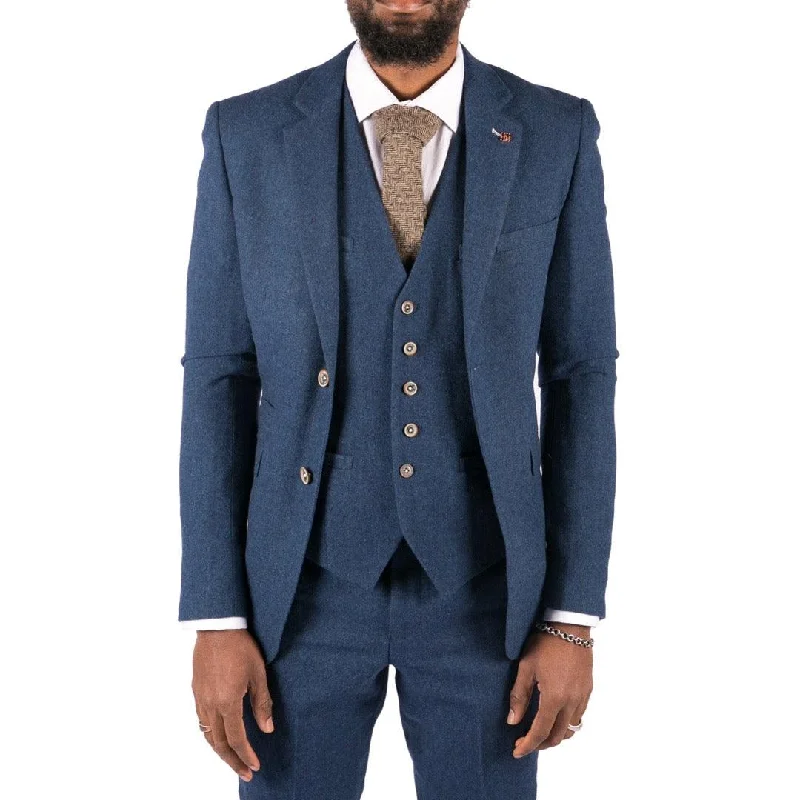 Fashion Comfort Mens 3 Piece Wool Suit Blue Tweed Vintage 1920s Classic 4 Pocket Waistcoat