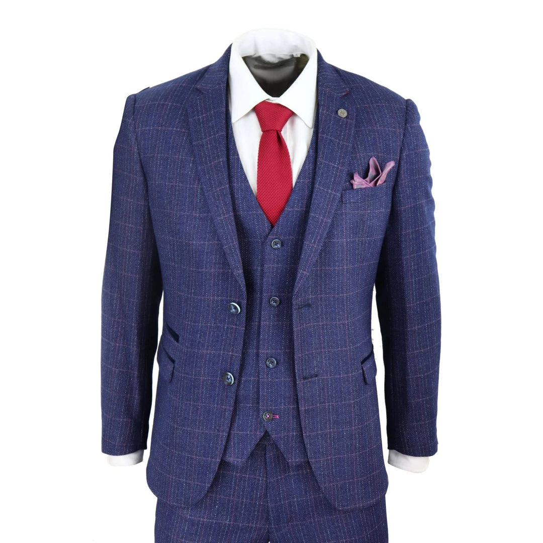 Smart Tops Harry - Men's 3-Piece Suit Blue Check For Wedding Prom