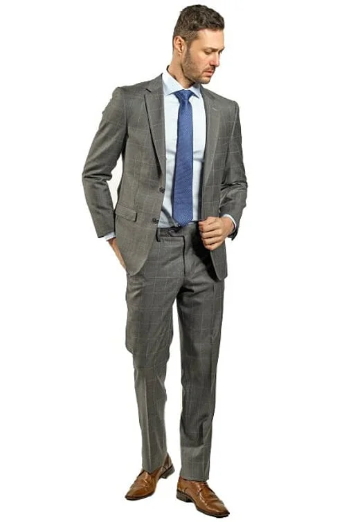 Basic Fashion Slim Fit Grey Windowpane With Blue Detail Two Piece Suit GB-VBC-23