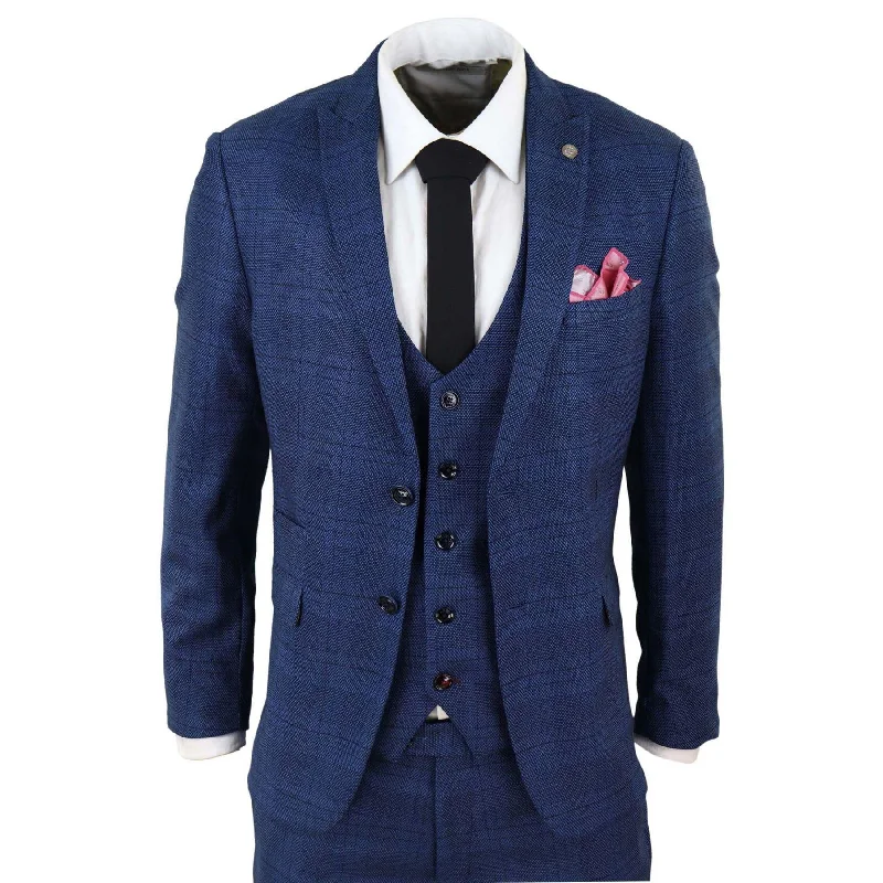 Laid-Back Essentials Mens Marc Darcy 3 Piece Suit Blue Prince Of Wales Black Check Vintage Retro