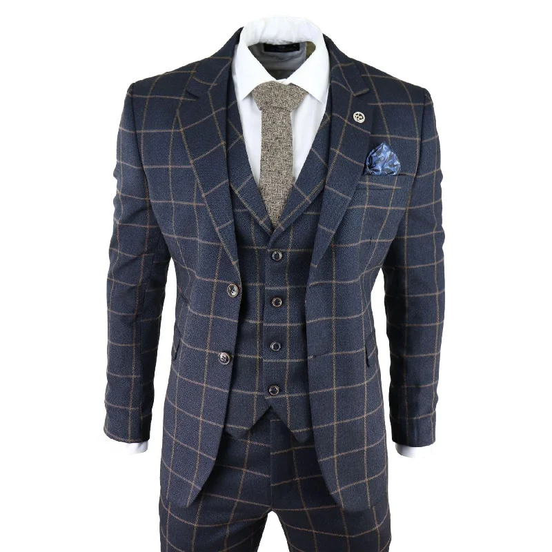 Sporty Wardrobe Mens Herringbone Tweed Navy Blue Check 3 Piece Wool Suit Tan