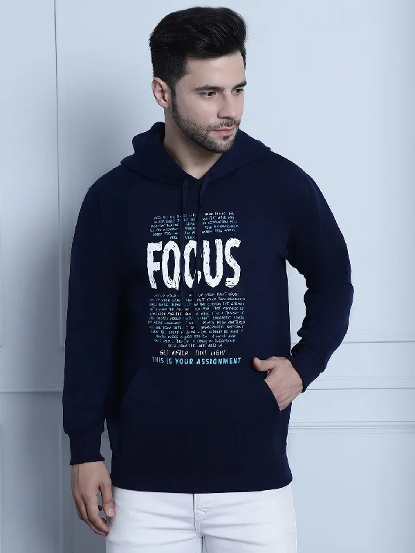 Classic Comfort Mack Jonney Navy Blue Printed Hooded Cotton Fleece Sweatshirt for Men