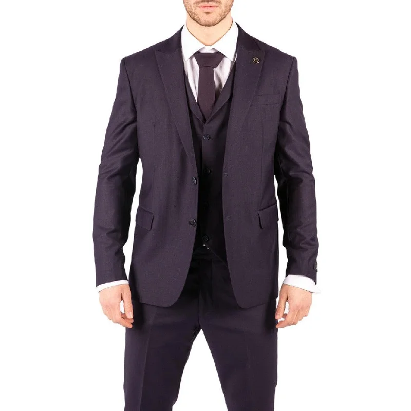 Modern Casuals Mens 3 Piece Suit Plum Tailored Fit Smart Formal 1920s Classic Vintage Gatsby