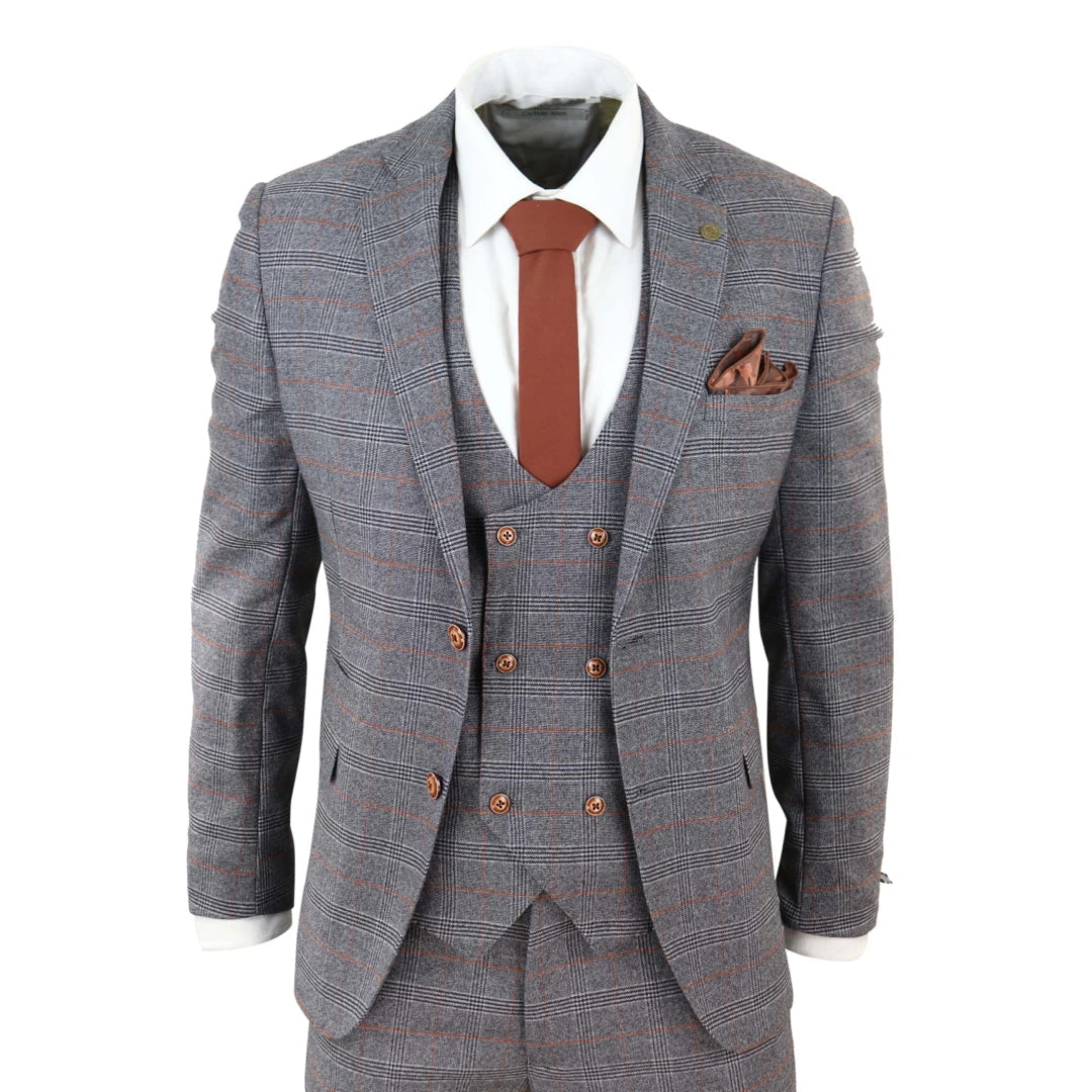 Comfy Sweaters Jenson - Grey Tweed 3 Piece Suit Prince Of Wales Check Double Breast Waistcoat