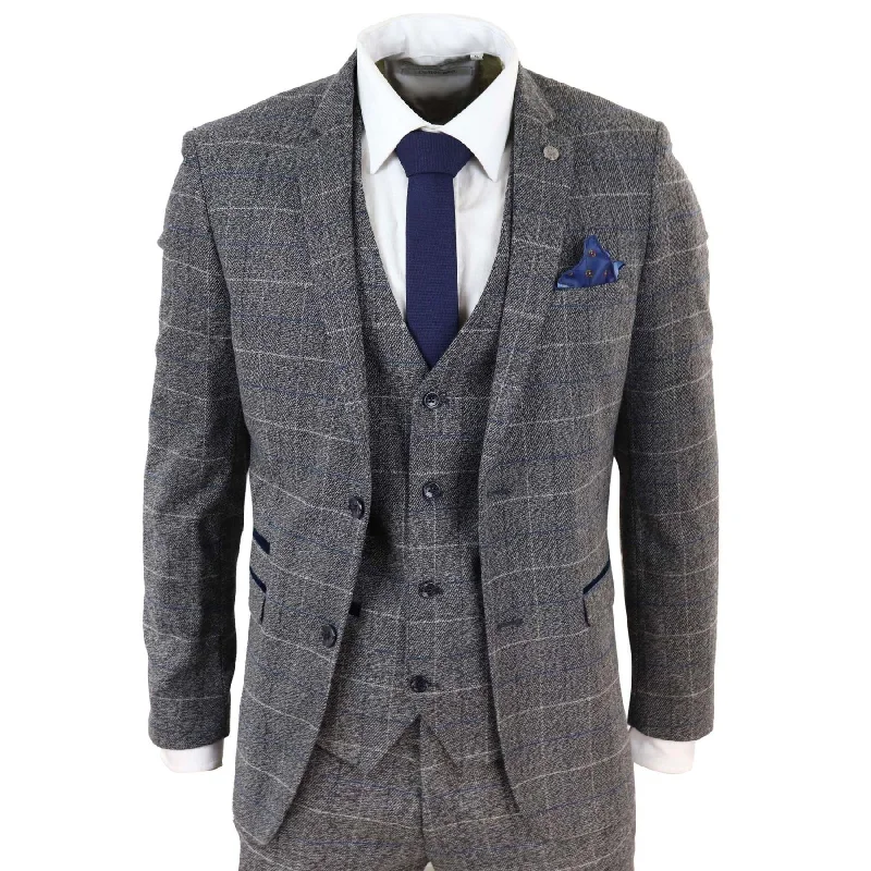 Comfortable Shirts Mens Grey Check 3 Piece Suit Herringbone Tweed Vintage Tailored Fit Blue Velvet