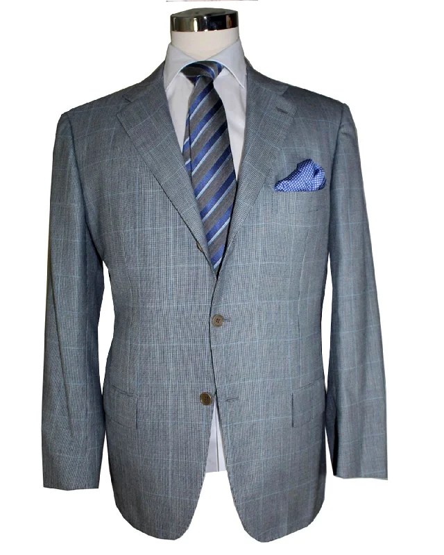 Effortless Gear Kiton Blazer Gray Blue Windowpane Cashmere Linen Silk Sportcoat EUR 56 - US 44 R REDUCED - SALE