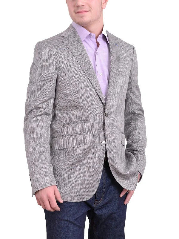 Comfy Sweaters Mens Napoli Gray Herringbone Half Canvassed Wool Silk Blend Blazer Sportcoat