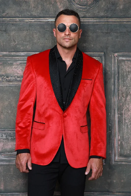 Stylish Tops MZV-515 I MANZINI MODERN FIT VELEVET BLAZER WITH STONE I RED-BLACK