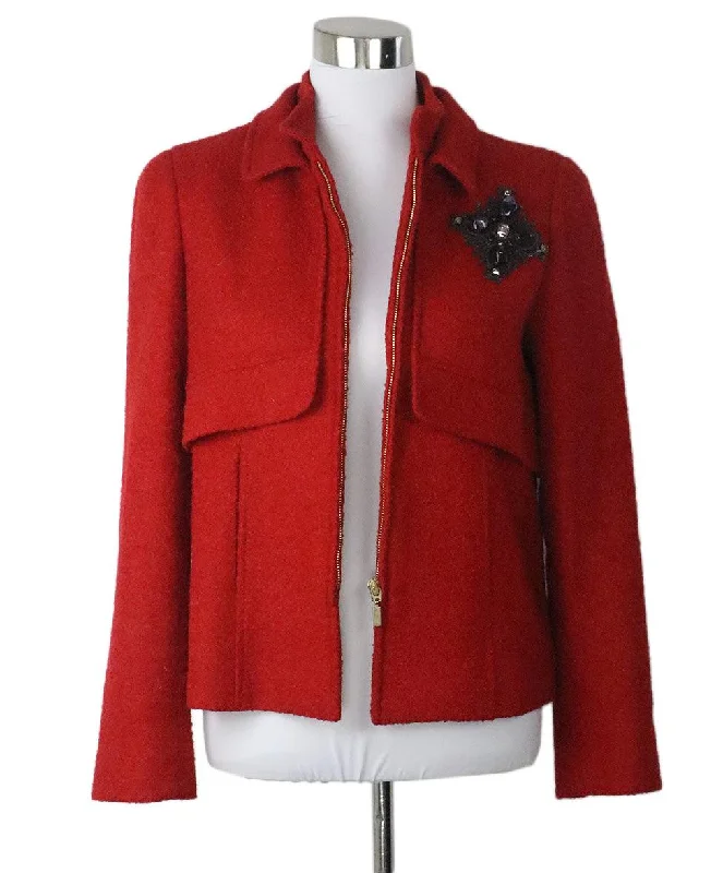 Smart Outfits Oscar De La Renta Red Wool Jacket w/ Beaded Trim sz 8