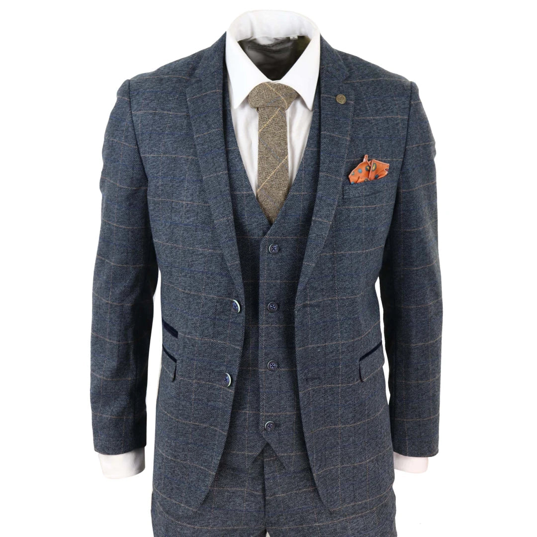 Simple Outfits Scott - Men's Blue Check 3 Piece Suit Herringbone Tweed Grey Velvet