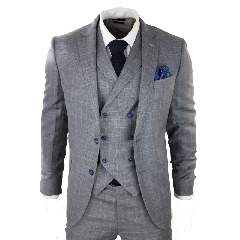 Sporty Wardrobe Mens Light Grey 3 Piece Suit Blue Check Double Breast Waistcoat Office Wedding Prom