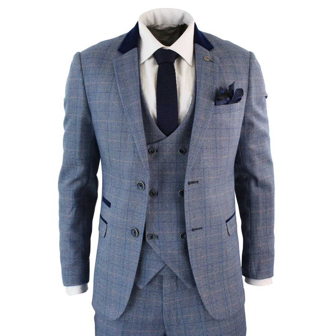 Everyday Apparel Hilton- Men's Blue Check 3 Piece Suit Double Breasted Waistcoat Elbow Patch