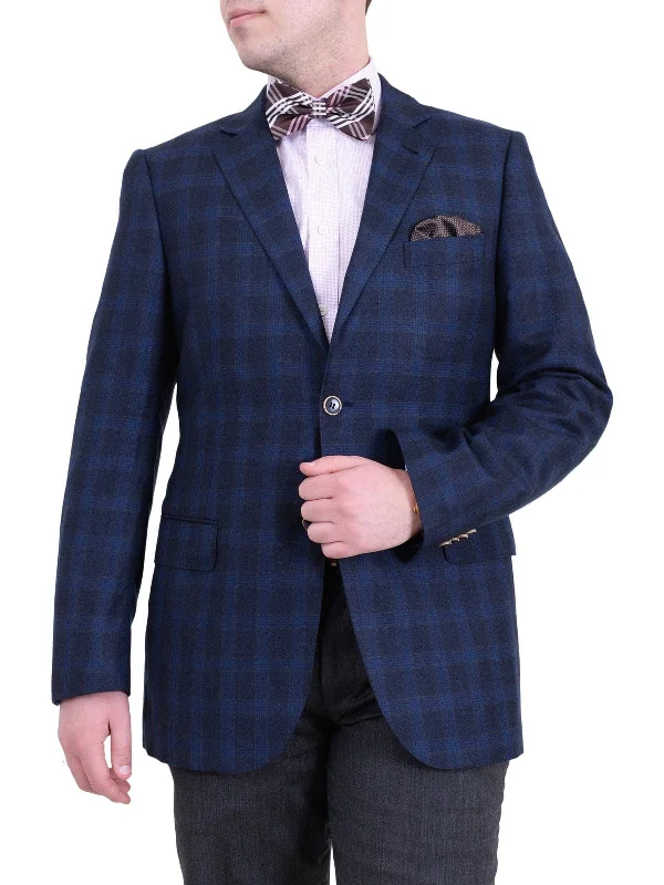 Casual Looks Zanetti Regular Fit Navy Blue Plaid Two Button Wool Blazer Sportcoat