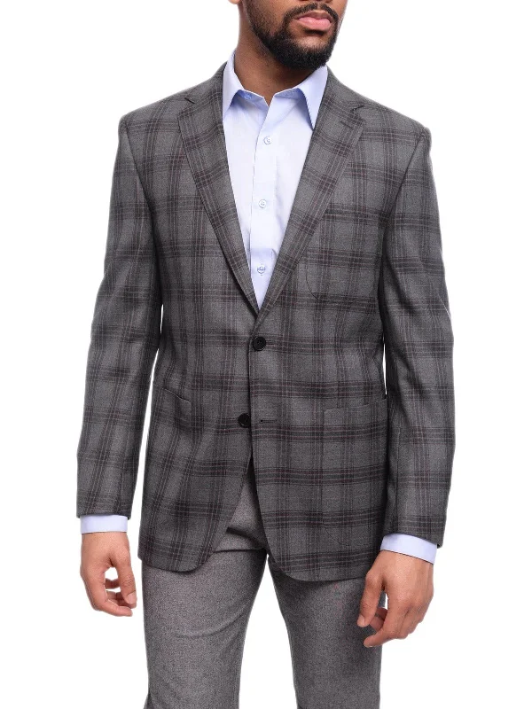 Relaxed Fits Mens Napoli Slim Fit Charcoal Gray Plaid Half Canvassed Cotton Blazer Sportcoat