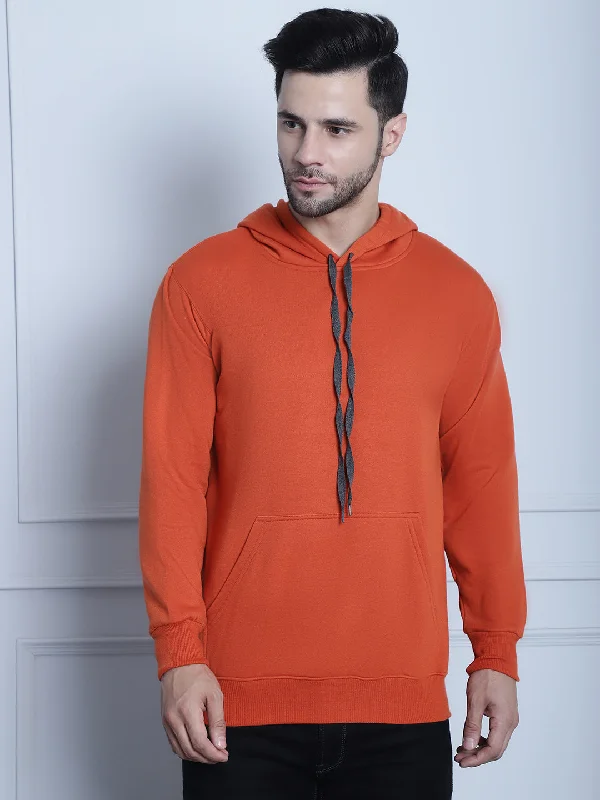 Relaxed Layers Mack Jonney Rust Solid Hooded Cotton Fleece Sweatshirt for Men