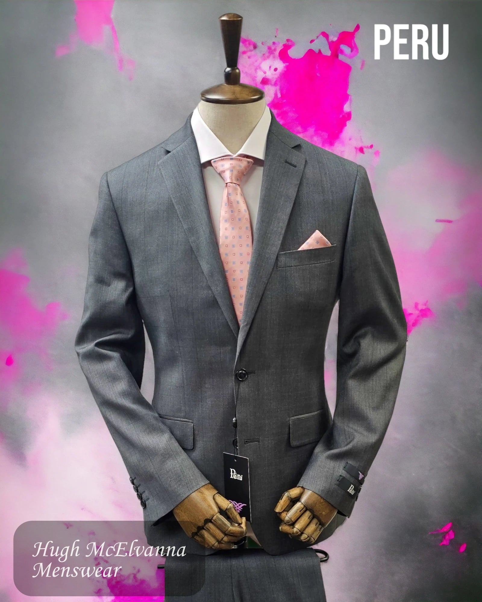 Basic Fashion Mens Suit Grey Check 2Pc. Tapered Fit by Peru Style: S2693/2