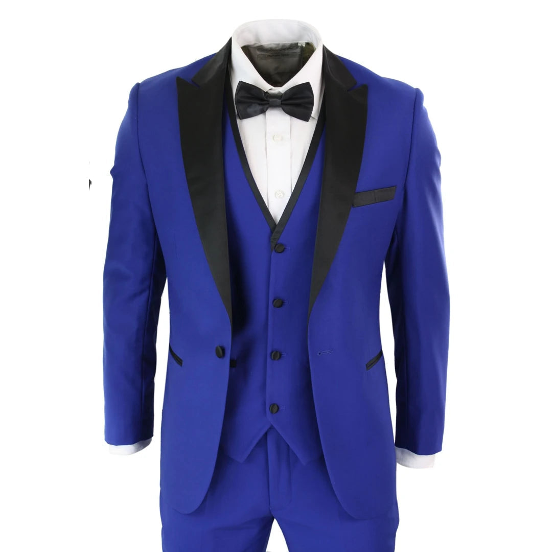 Simple Comfort Regent - Men's 3 Piece Blue Satin Tuxedo Dinner Suit Wedding Prom Groom