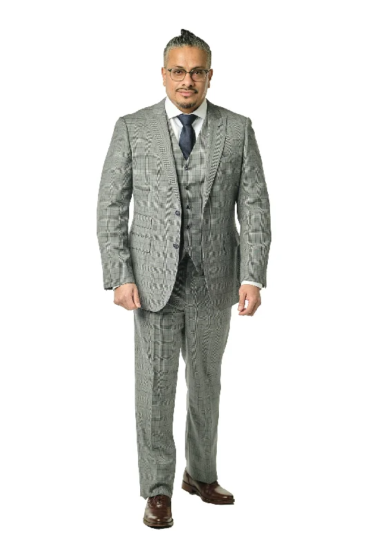 Cozy Sweatshirts Modern Fit Grey Prince of Wales Three Piece Suit B-3P-20F5