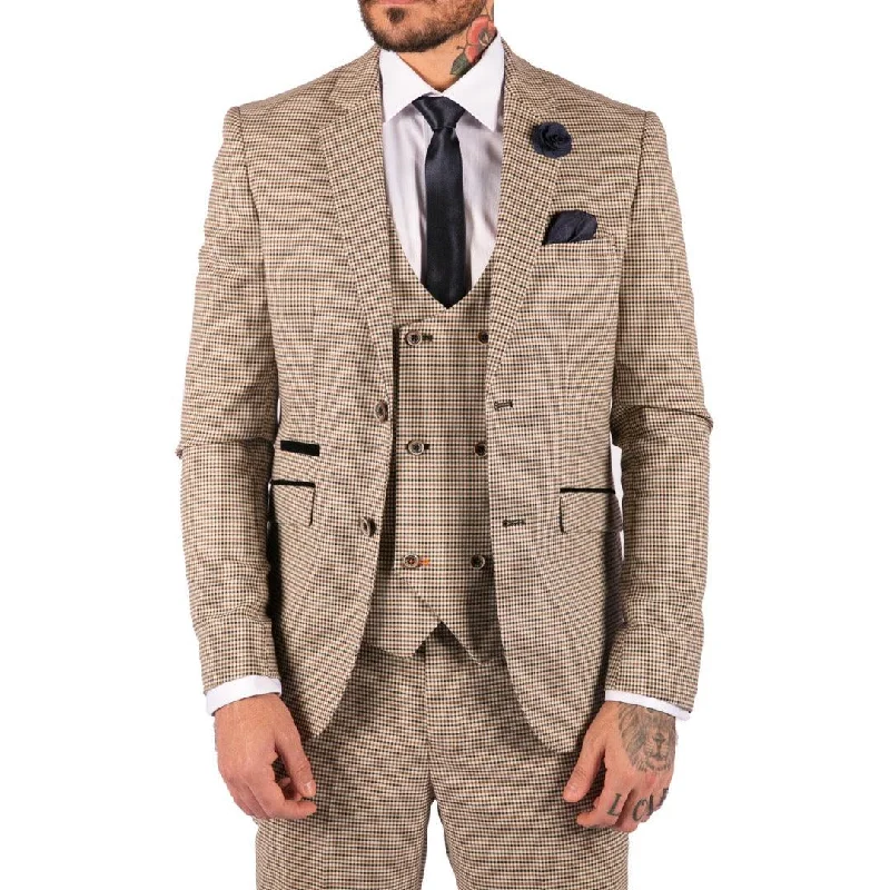 Versatile Wardrobe Mens Beige Navy Check Suit Vintage Classic Prince Of Wales Tailored Fit Wedding