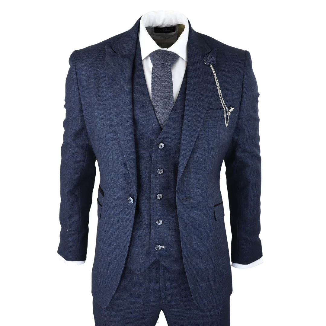 Relaxed Denim Caridi - Men's Herringbone Tweed Navy Blue Check 3 Piece Suit