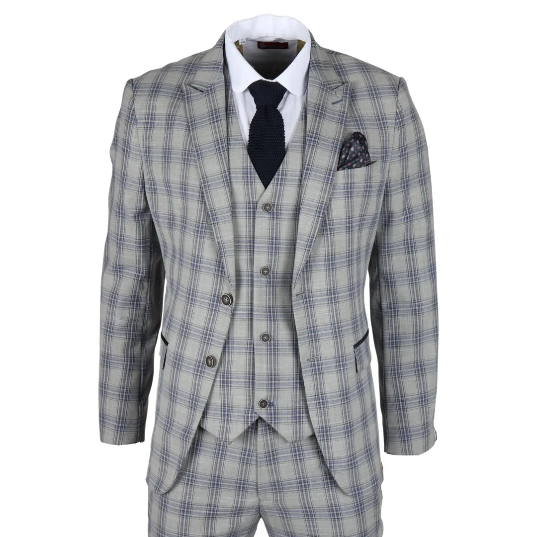 Classic Pieces Knight - Men's 3 Piece Grey Blue Checked Suit