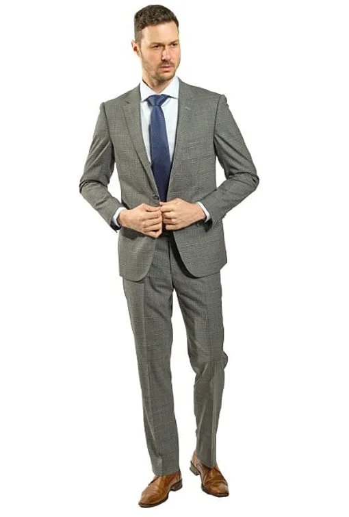 Classic Jackets Slim Fit Grey Plaid With Blue Detail Two Piece Suit GB-REDA-19