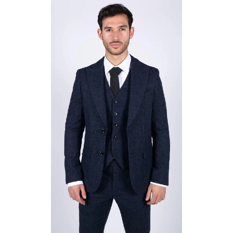 Outdoor Outfits Mens Tweed Wool Check Suit 3 Piece Vintage Classic Navy Black Tailored Fit