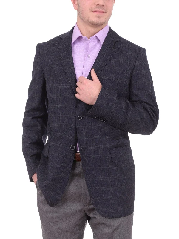 Stylish Looks Zanetti Classic Fit Navy Blue Plaid Two Button Wool Blazer Sportcoat