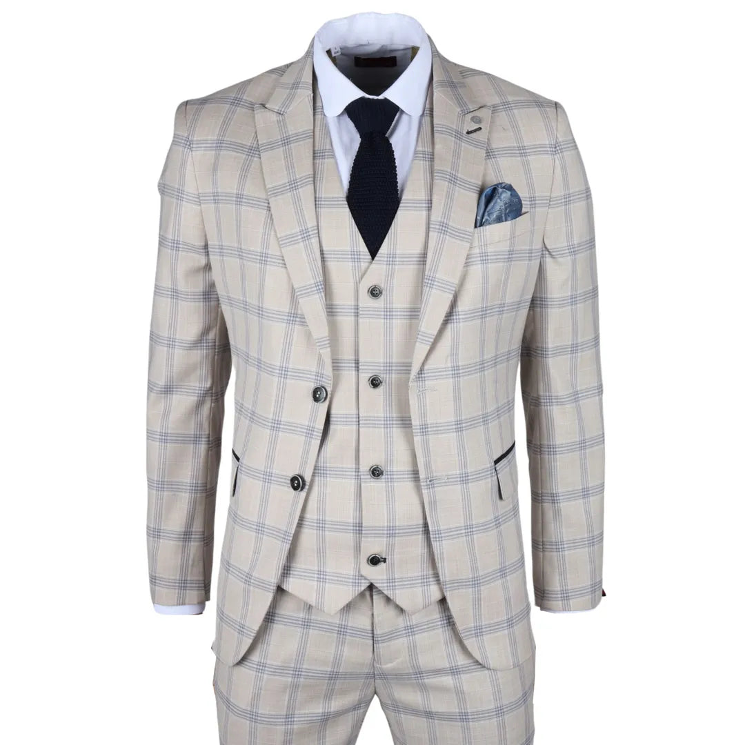 Comfy Styles Warwick - Men's 3 Piece Beige Checked Suit