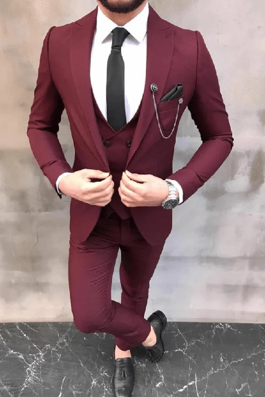 Trendy Basics Men's Premium Burgundy 3 Piece Slim Fit Suit Wedding Party Suit for Men